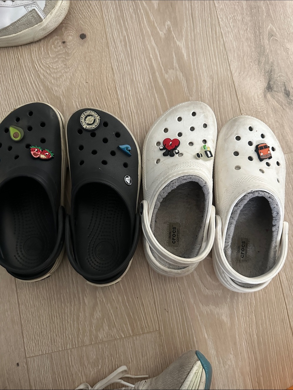 CROCS Black and White Classic Clogs with Charms